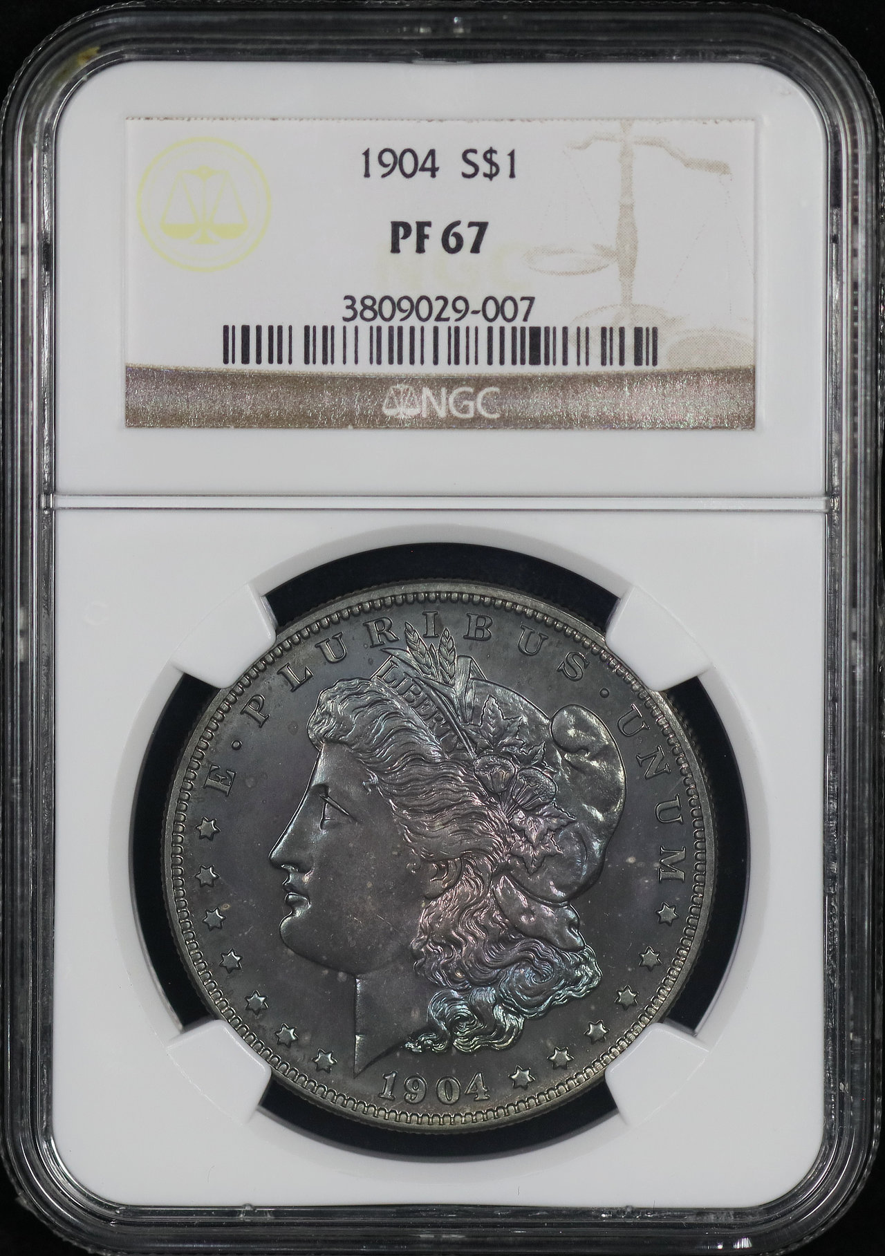 Obverse of this 1904 Morgan Dollar NGC PF-67 Blue & Violet Hue Toning