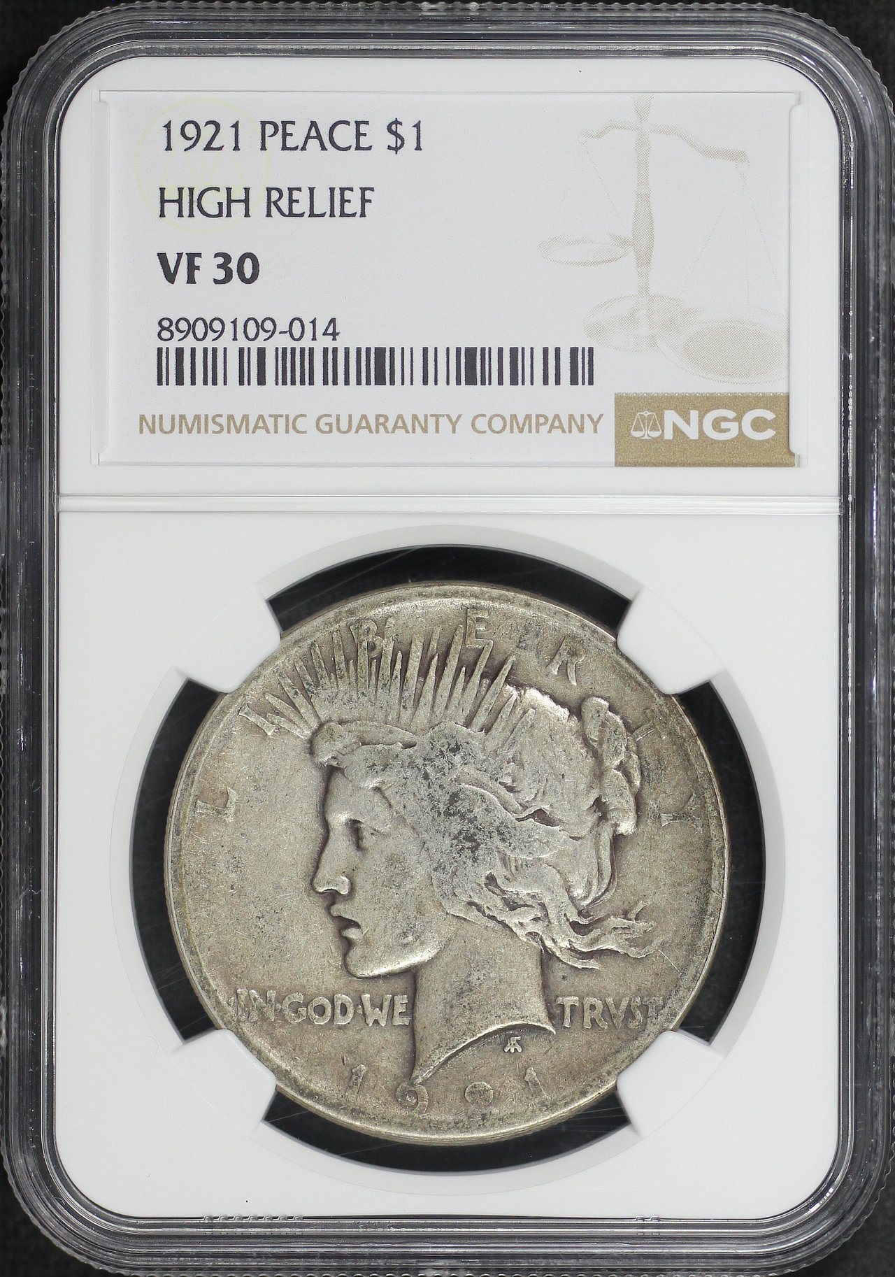 Obverse of this 1921 High Relief Peace Dollar NGC VF-30