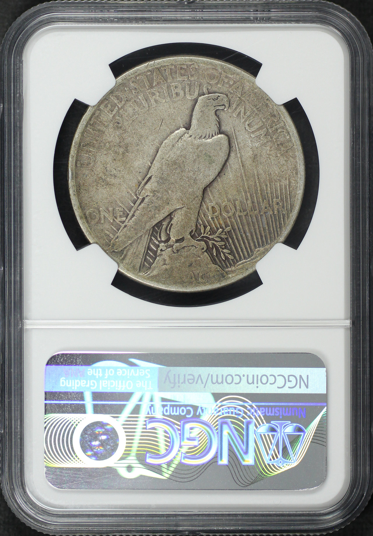 Reverse of this 1921 High Relief Peace Dollar NGC VF-30