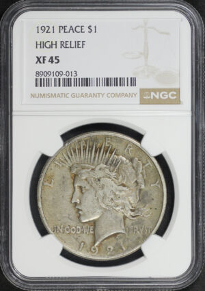 Obverse of this 1921 High Relief Peace Dollar NGC XF-45