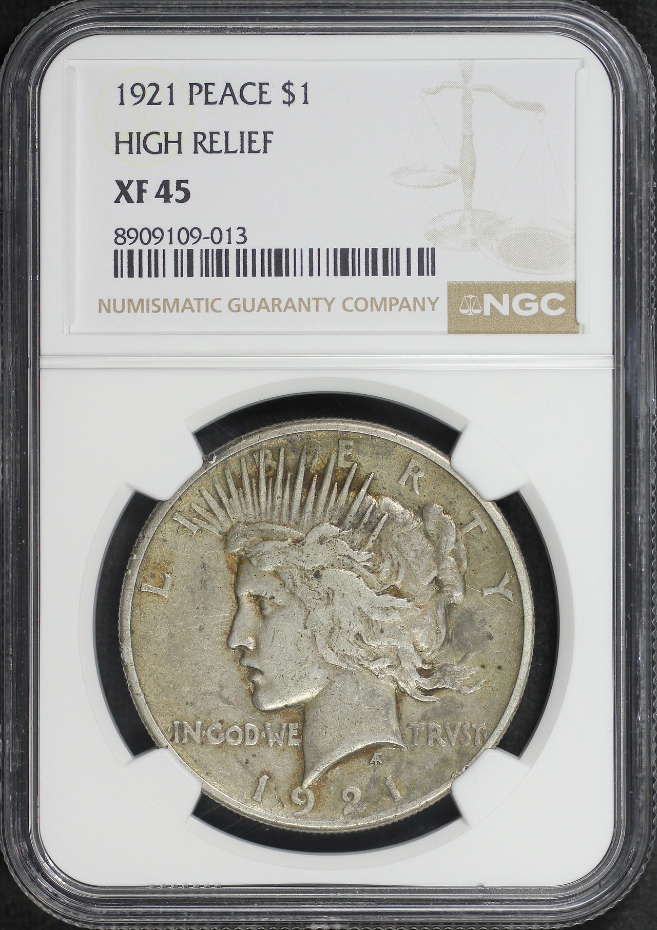 Obverse of this 1921 High Relief Peace Dollar NGC XF-45