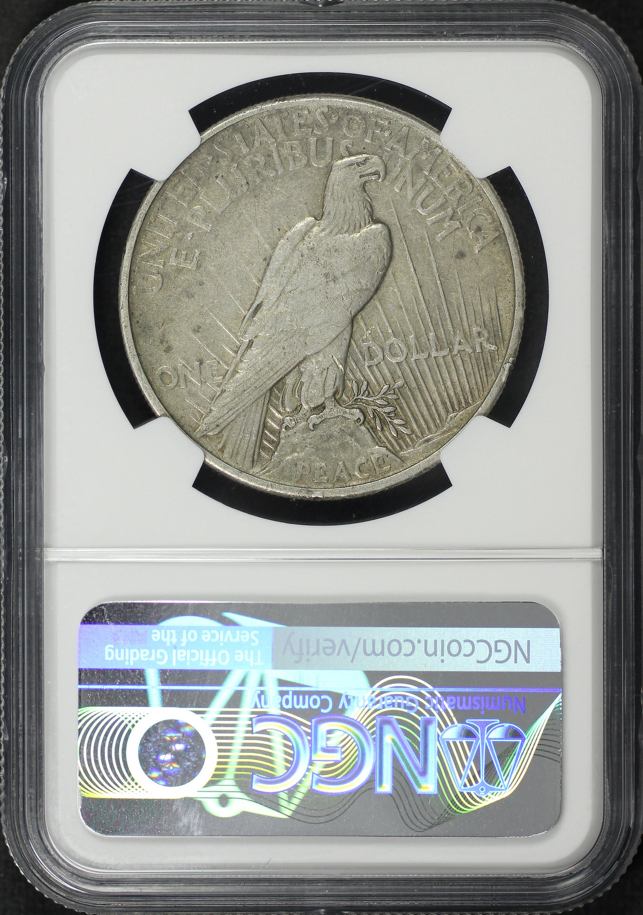 Reverse of this 1921 High Relief Peace Dollar NGC XF-45