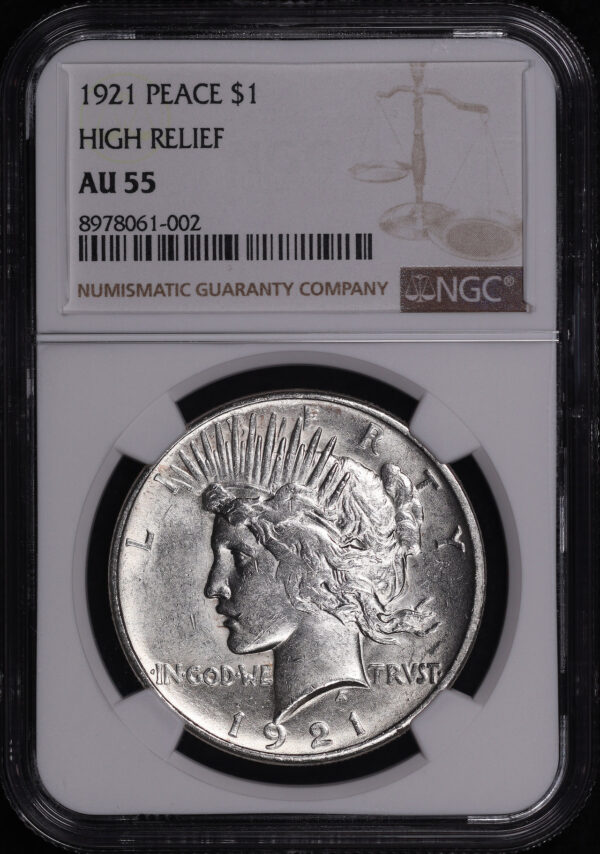 Obverse of this 1921 High Relief Peace Dollar NGC AU-55