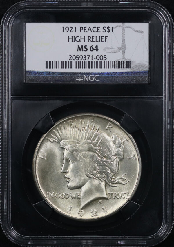 Obverse of this 1921 Peace Dollar NGC MS-64 Black Retro Holder