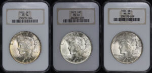 Obverse of this 1922, 1923, & 1924 Peace Dollar 3 Coin Set NGC MS-64 Old Fatty Holder – Near Perfect Holograms!