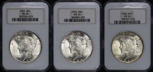 Obverse of this 1922, 1923, & 1924 Peace Dollar 3 Coin Set NGC MS-64 Old Fatty Holder – Perfect Holograms!