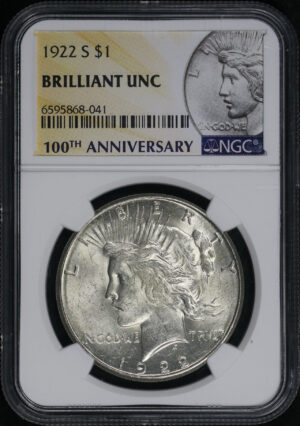 Obverse of this 1922-S Peace Dollar NGC Brilliant Uncirculated 100th Anniversary Label