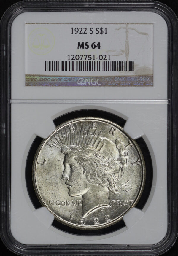 Obverse of this 1922-S Peace Dollar NGC MS-64