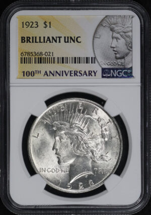 Obverse of this 1923 Peace Dollar NGC Brilliant Uncirculated 100th Anniversary Label