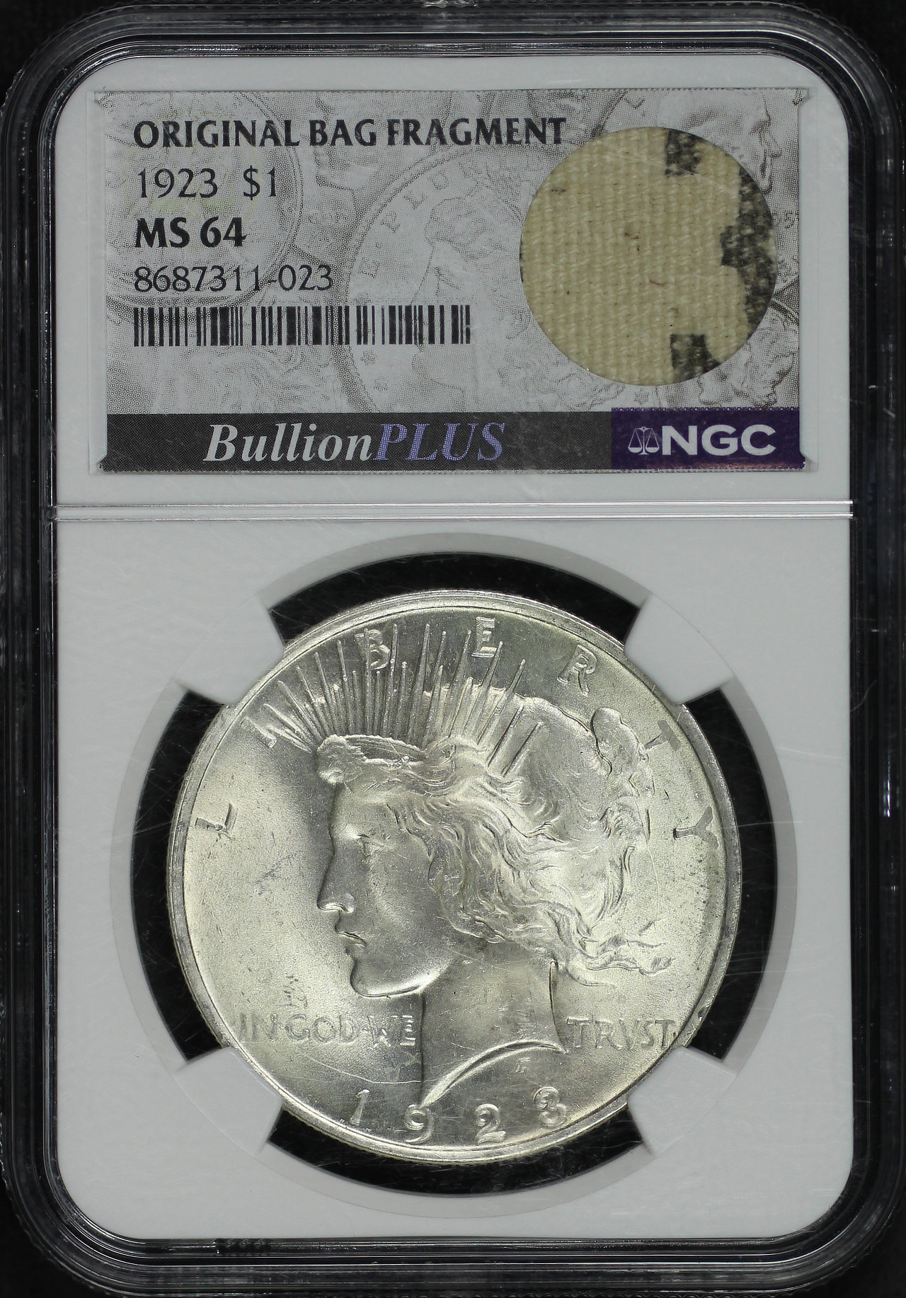 Obverse of this 1923 Peace Dollar NGC MS-64 Original Bag Fragment