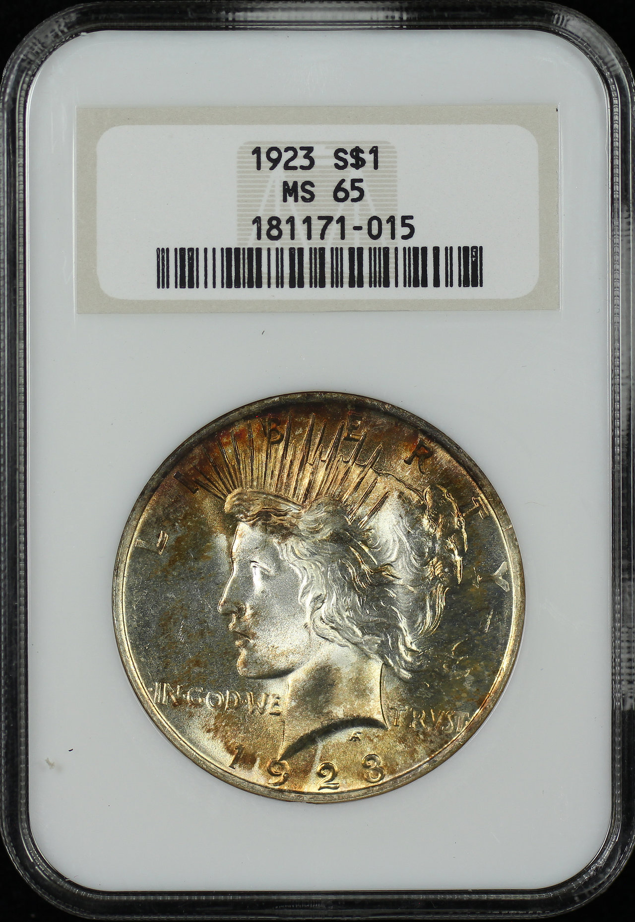 Obverse of this 1923 Peace Dollar NGC MS-65 Old Fatty Holder