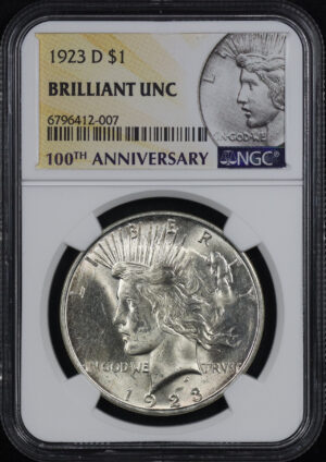Obverse of this 1923-D Peace Dollar NGC Brilliant Uncirculated 100th Anniversary Label