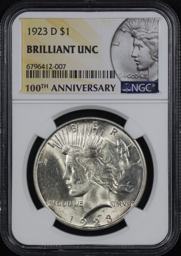 Obverse of this 1923-D Peace Dollar NGC Brilliant Uncirculated 100th Anniversary Label