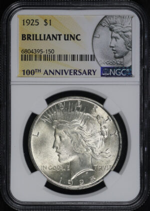 Obverse of this 1925 Peace Dollar NGC Brilliant Uncirculated 100th Anniversary Label