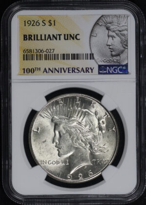 Obverse of this 1926-S Peace Dollar NGC Brilliant Uncirculated 100th Anniversary Label