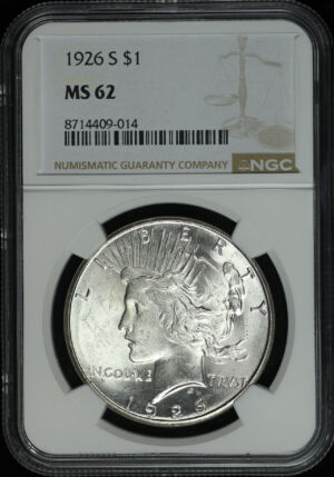 Obverse of this 1926-S Peace Dollar NGC MS-62