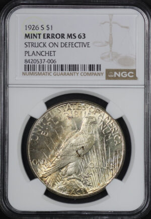 Obverse of this 1926-S Peace Dollar NGC MS-63 Struck On Defective Planchet Mint Error