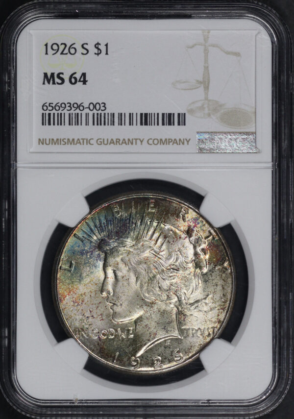 Obverse of this 1926-S Peace Dollar NGC MS-64 Dark Rainbow Toning