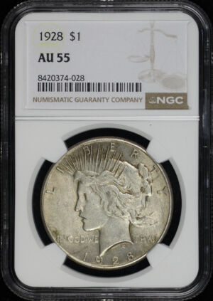 Obverse of this 1928 Peace Dollar NGC AU-55