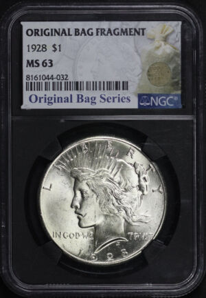 Obverse of this 1928 Peace Dollar NGC MS-63 Black Core Original Bag Fragment Label