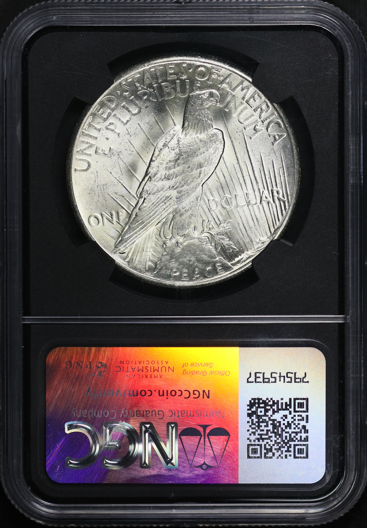Reverse of this 1928 Peace Dollar NGC MS-63 Black Core Original Bag Fragment Label