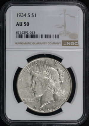 Obverse of this 1934-S Peace Dollar NGC AU-50