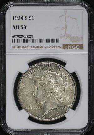 Obverse of this 1934-S Peace Dollar NGC AU-53