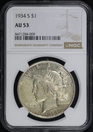 Obverse of this 1934-S Peace Dollar NGC AU-53