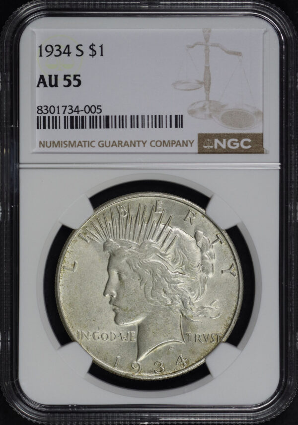 Obverse of this 1934-S Peace Dollar NGC AU-55