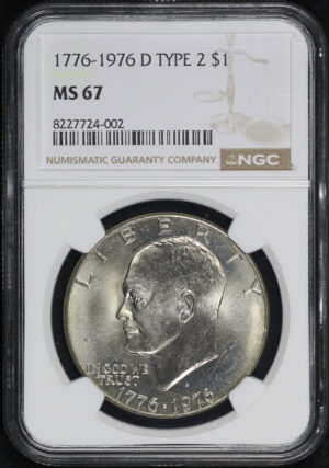 Obverse of this 1776-1976-D Type 2  Eisenhower Ike Dollar NGC MS-67