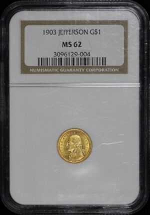 Obverse of this 1903 G$1 Jefferson – Louisiana Purchase Gold Commemorative NGC MS-62
