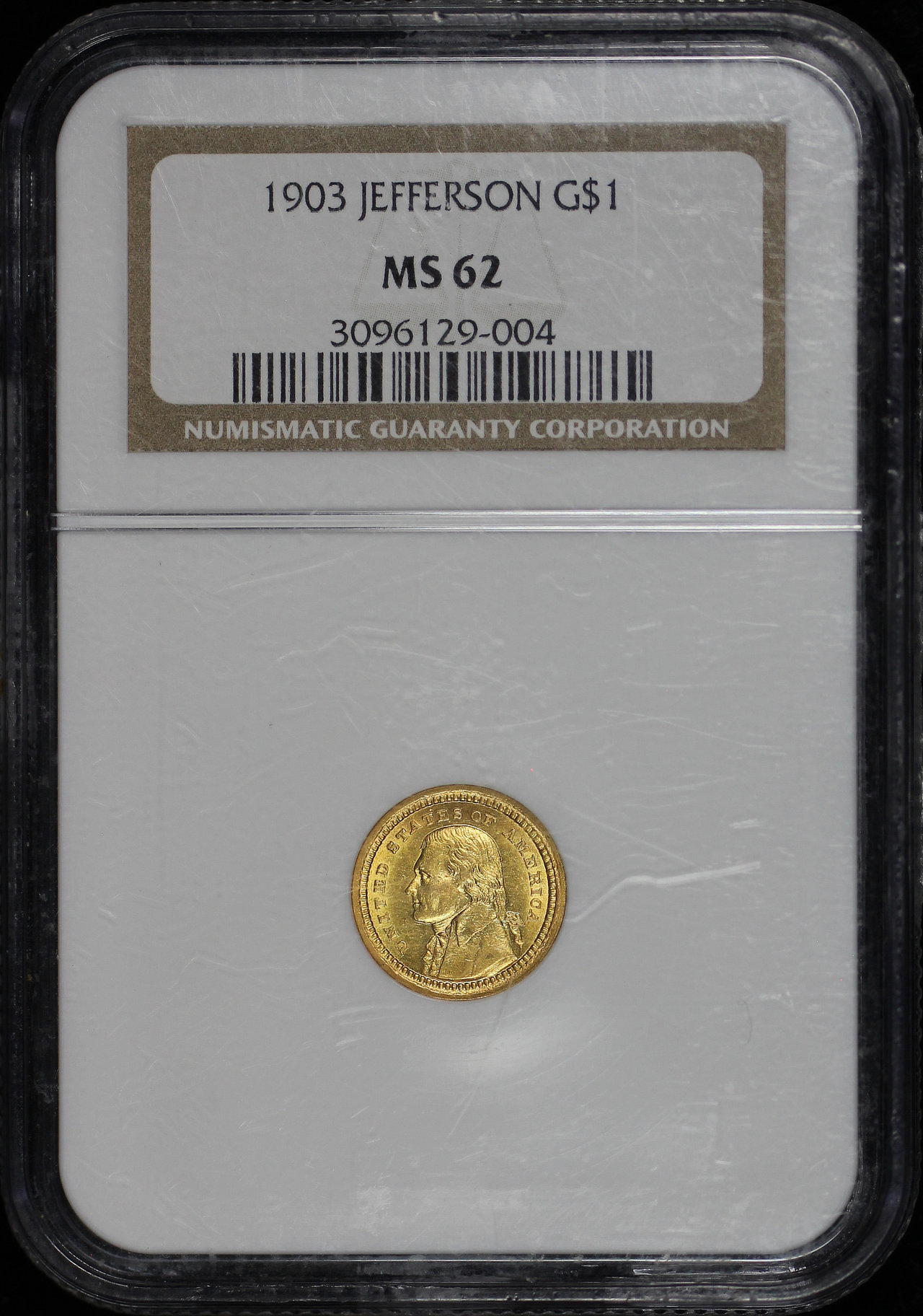 Obverse of this 1903 G$1 Jefferson – Louisiana Purchase Gold Commemorative NGC MS-62