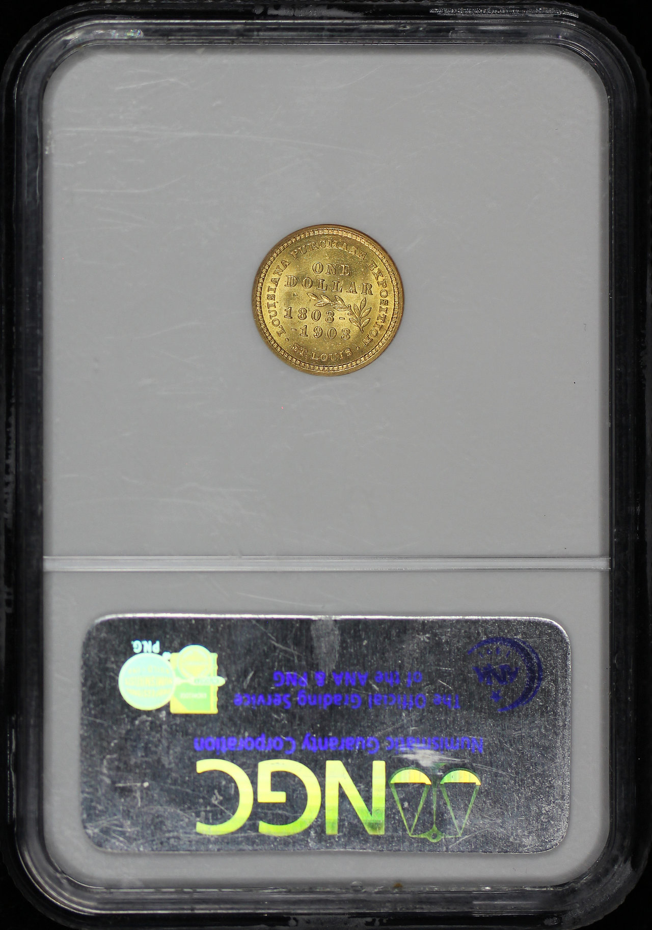 Reverse of this 1903 G$1 Jefferson – Louisiana Purchase Gold Commemorative NGC MS-62