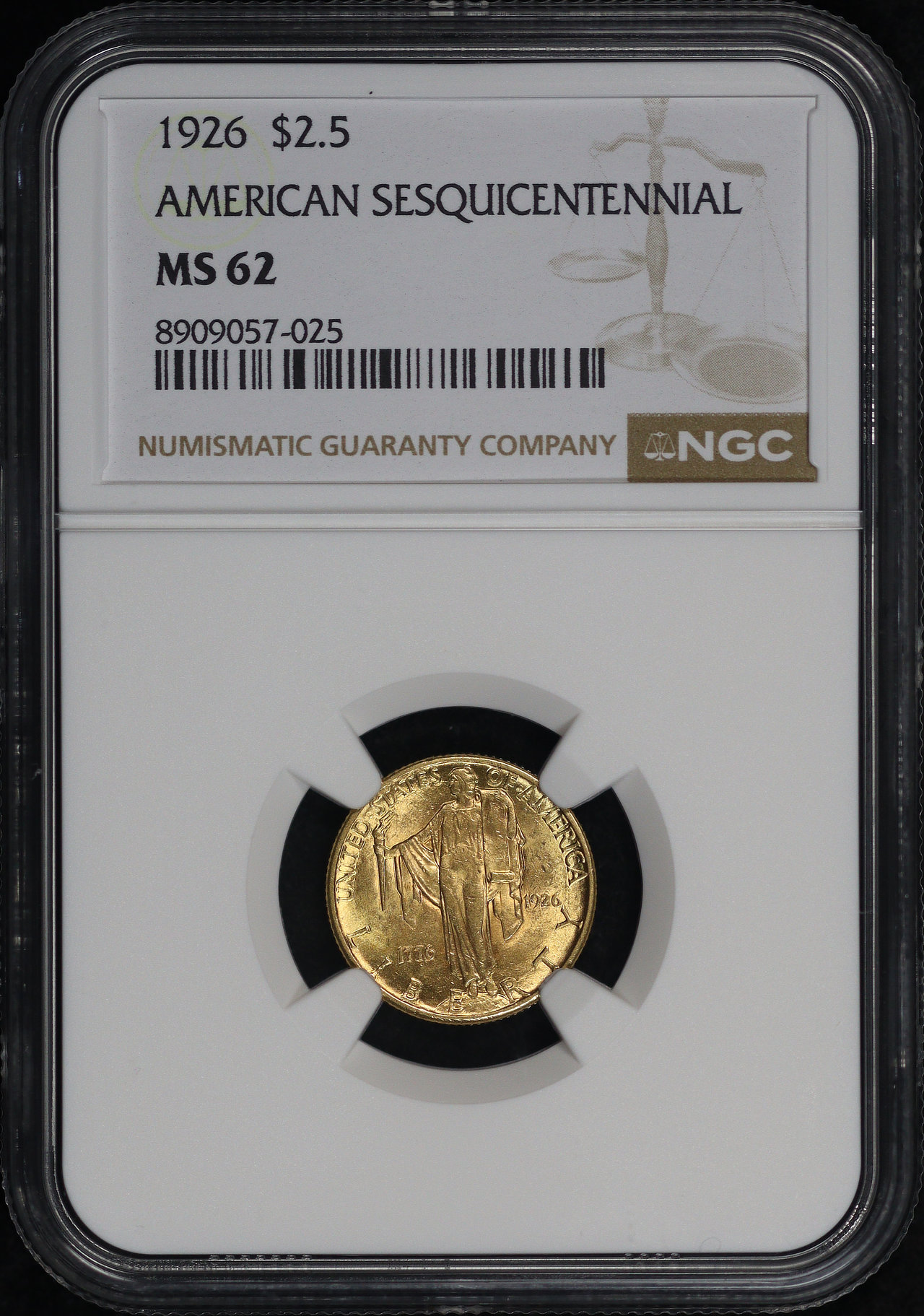 Obverse of this 1926 Gold Commemorative American Sesquicentennial $2.50 NGC MS-62