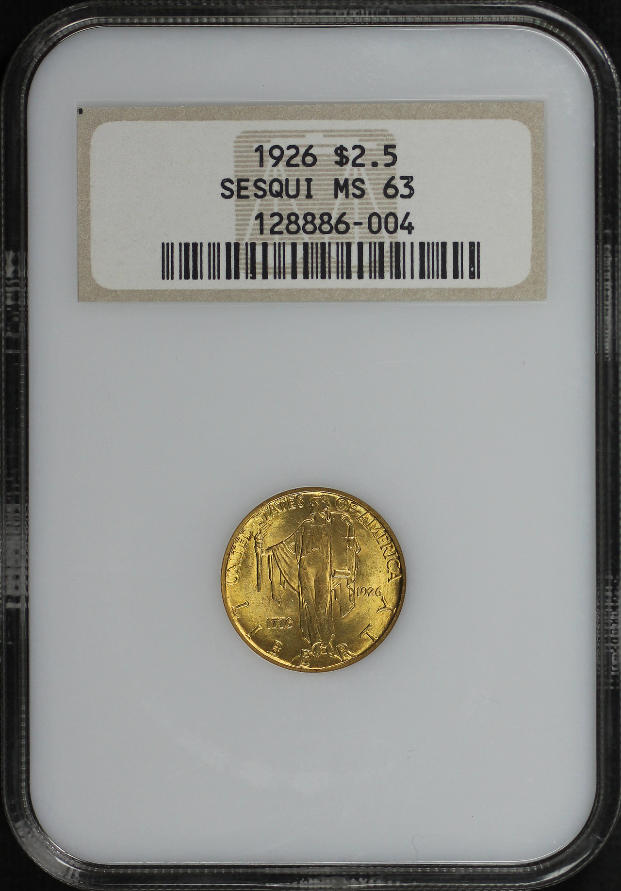 Obverse of this 1926 Gold Commemorative American Sesquicentennial $2.50 NGC MS-63 Old Fatty Holder
