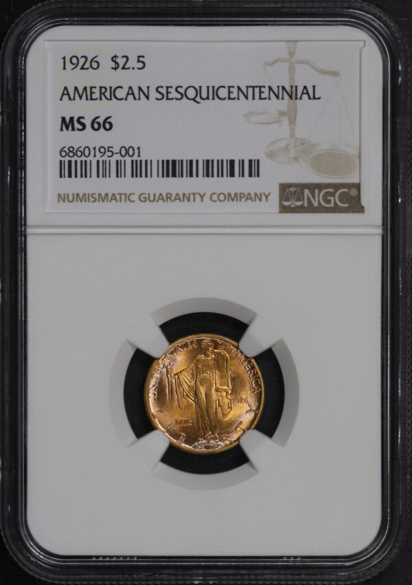 Obverse of this 1926 $2.50 American Sesquicentennial Gold Commemorative NGC MS-66