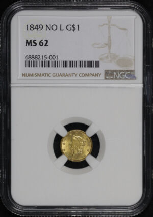 Obverse of this 1849 No L Gold Dollar NGC MS-62