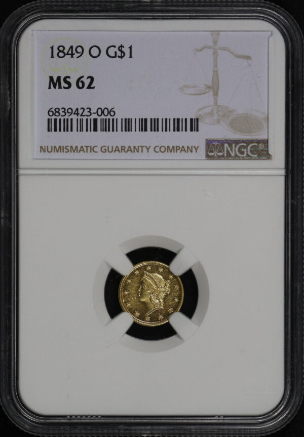 Obverse of this 1849-O Gold Dollar Type 1 NGC MS-62