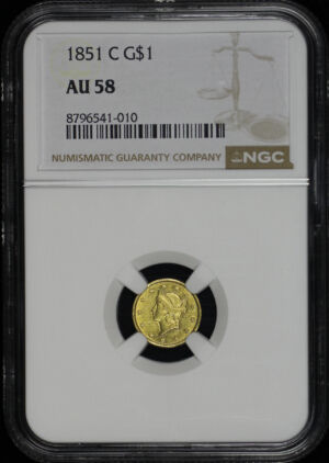 Obverse of this 1851-C Type 1 Liberty Head Gold Dollar NGC AU-58