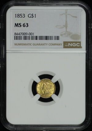 Obverse of this 1853 Gold Dollar Type 1 NGC MS-63