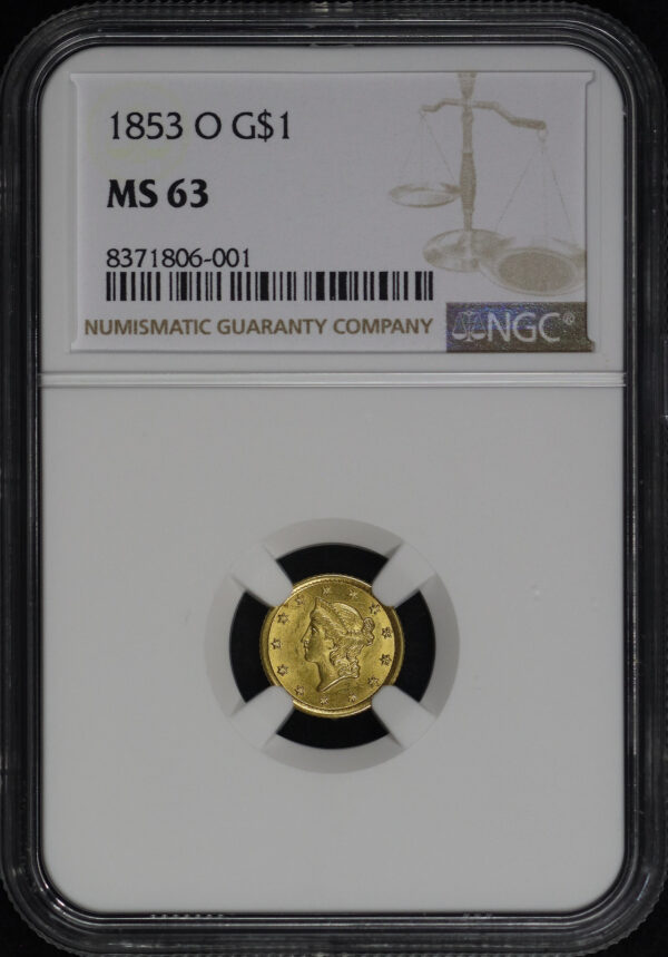 Obverse of this 1853-O Gold Dollar NGC MS-63