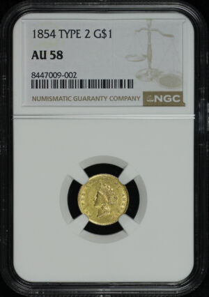 Obverse of this 1854 Gold Dollar Type 2 NGC AU-58