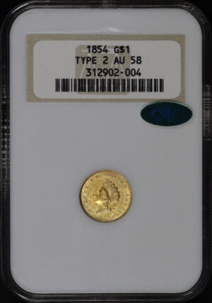 Obverse of this 1854 Gold Dollar Type 2 NGC AU-58 CAC Old Fatty Holder – Perfect Hologram