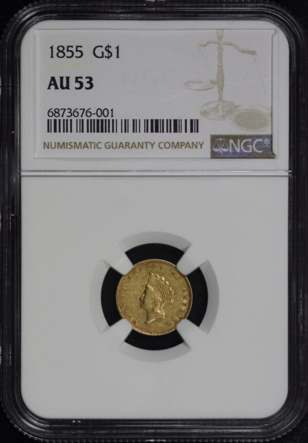 Obverse of this 1855 Small Head Indian Princess Gold Dollar NGC AU-53