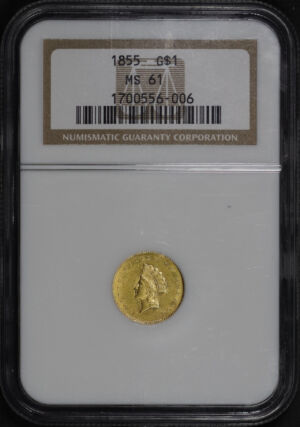 Obverse of this 1855 Gold Dollar Type 2 NGC MS-61