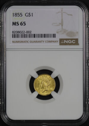 Obverse of this 1855 Gold Dollar Type 2 NGC MS-65