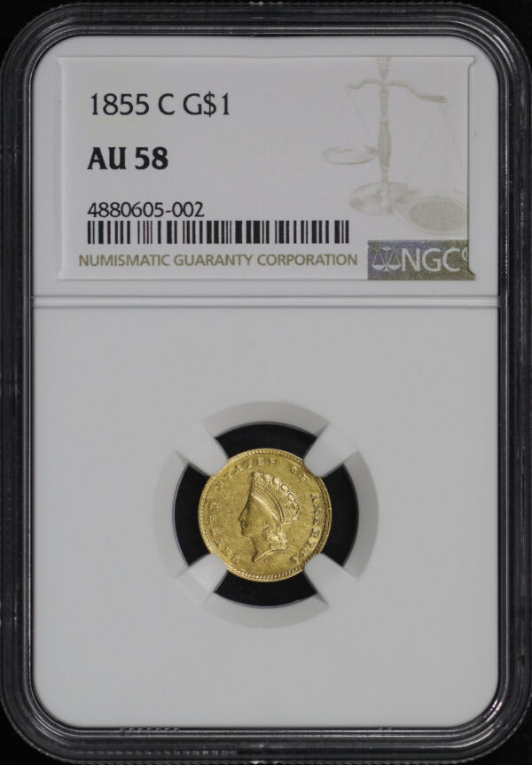 Obverse of this 1855-C Gold Dollar NGC AU-58