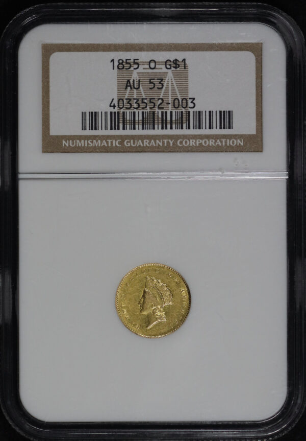 Obverse of this 1855-O Gold Dollar NGC AU-53