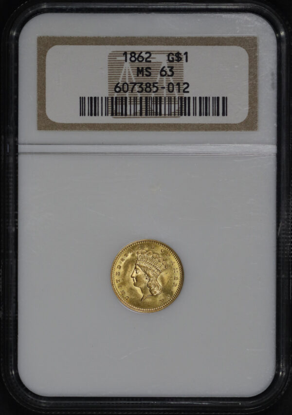 Obverse of this 1862 Gold Dollar Type 3 NGC MS-63