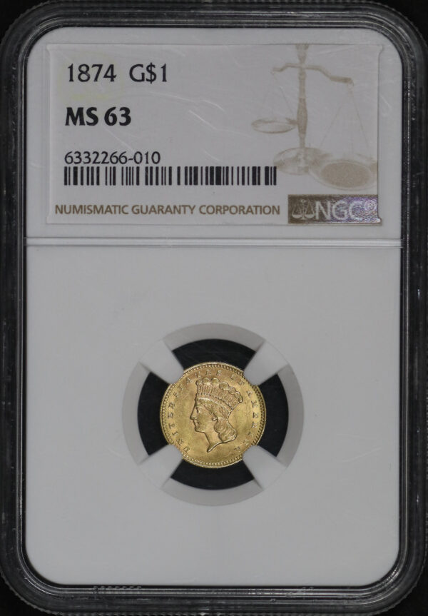 Obverse of this 1874 Gold Dollar Type 3 NGC MS-63